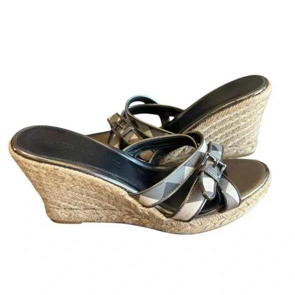 Burberry Nova Check Plaid Espadrille Wedge Sandal Heels Patent Leather 38/7.5-8 - Picture 4 of 12